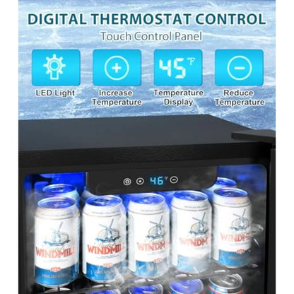 Beverage refrigerator for home dorm bar use, black glass-door mini fridge with adjustable digital temperature control, holds 50