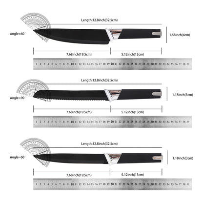 13Pcs Professional Kitchen Knife Block Set with 6 Steak Knives, High Carbon Stainless Steel Knives with Black Non-Stick Coating,