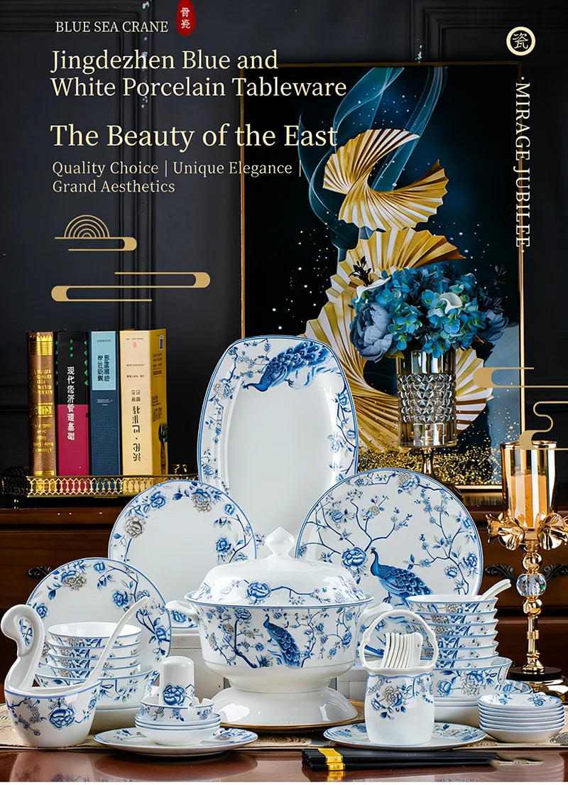 Blue And White Porcelain Tableware Set 18/28/56/30pcs Ceramics Dish Sets Full Set Luxury China Dinnerware Set For 4/6/10 Persons