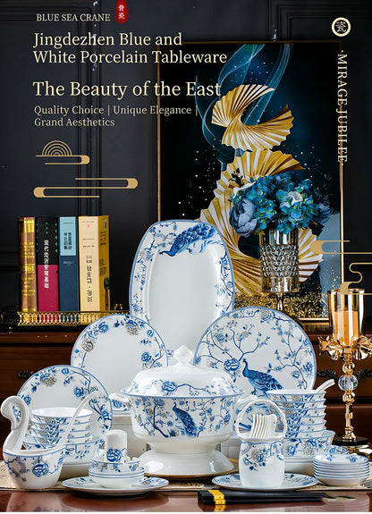 Blue And White Porcelain Tableware Set 18/28/56/30pcs Ceramics Dish Sets Full Set Luxury China Dinnerware Set For 4/6/10 Persons