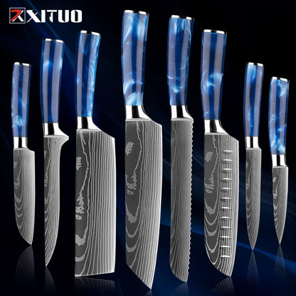 Stainless Steel Chef Knife Kitchen Knife Set 1-8Piece Razor-Sharp Paring Knife, Boning Knife, Santoku Knife, Blue Resin Handle