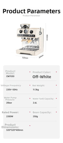 Semi-Automatic Espresso Coffee Machine, Dual Pump Cold & Hot Brew, Built-in Grinder, High Pressure 20 Bar, Compact Home Espresso