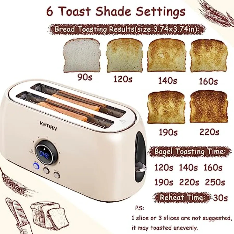 Toaster 4 Slice KOTlAN Retro Long Slot Toasters with CountdownTimer Stainless Steel Toaster Bagel Defrost Reheat Cancel Functio