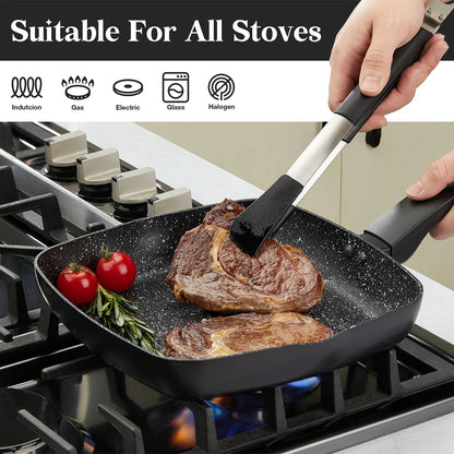 KOCH SYSTEME CS 10 Inch Nonstick Grill Pan for Stove Tops, Nonstick Skillet with Bakelite Handle, Square Grill Skillet with Lid