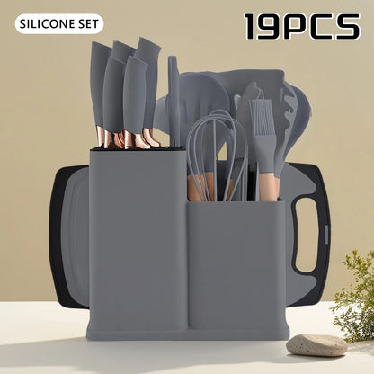 19-in-1 Kitchen Knife & Silicone Utensil Combo Set, Heat Resistant Cooking Tools with Detachable Storage Organizer