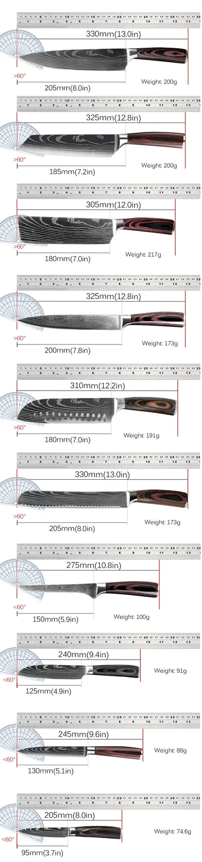 Japanese Santoku Knife 10pcs Damascus Pattern Knives Set Chef's Knife Boning Knife Meat Cleaver Vegetable Slicing Knives