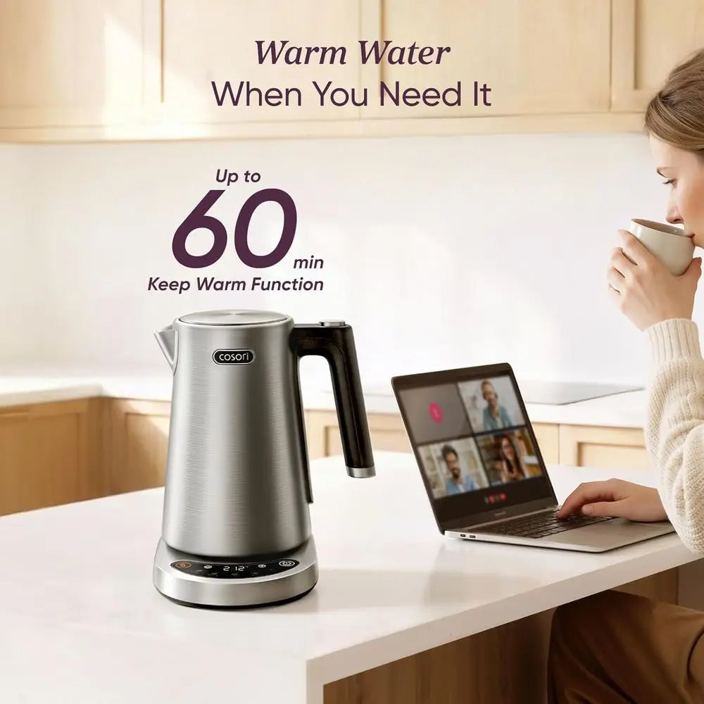 1.7L Stainless Steel Electric Kettle with 5 Temperature Presets, Fast Boil, 2 Lid Openings, and 60-Minute Keep Warm Feature