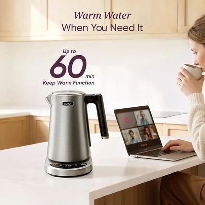 1.7L Stainless Steel Electric Kettle with 5 Temperature Presets, Fast Boil, 2 Lid Openings, and 60-Minute Keep Warm Feature