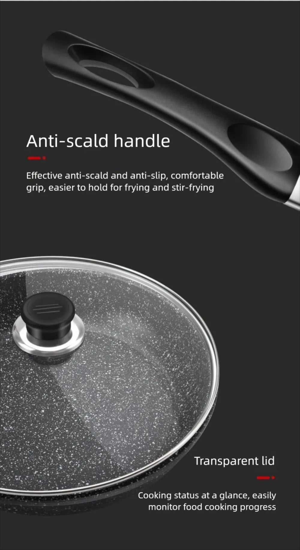 22/24/26/28cm Steak Frying Pan with Glass Lid Stone Skillet Cookware Muliti-Purpose NonStick Kitchen Cooking Tools