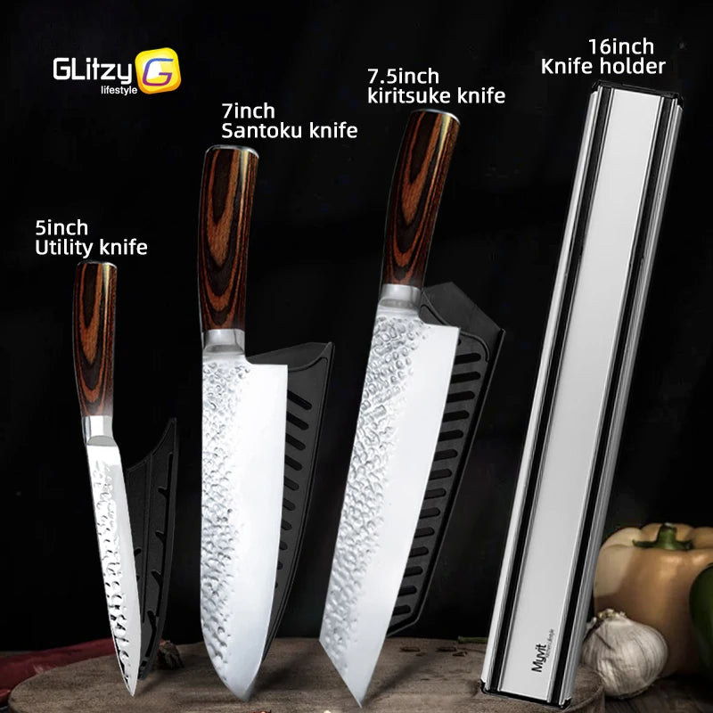 Kitchen Knives Japanese Chef Knife Set 7CR17 High Carbon Steel Full Tang Hammered Non-Stick Santoku Knifes Utility Meat Cleaver