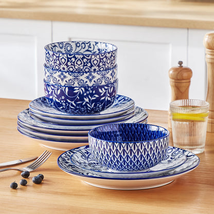 vancasso 12/24/36 Piece Chinese Blue and White Porcelain Plate Set Tableware Set with 4PCS Dinner Plate/Dessert Plate/Ceral Bowl
