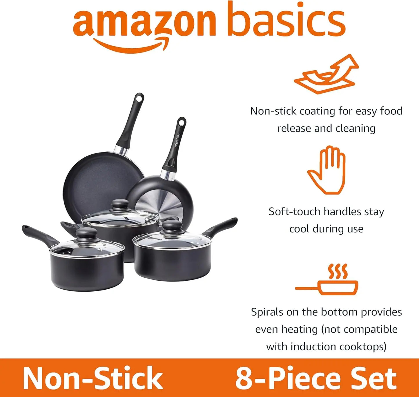Ceramic Non-Stick Cookware 8-Piece Set with Cool-Touch Handles and Spiral Bottom for Even Heating