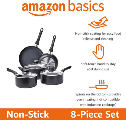 Ceramic Non-Stick Cookware 8-Piece Set with Cool-Touch Handles and Spiral Bottom for Even Heating