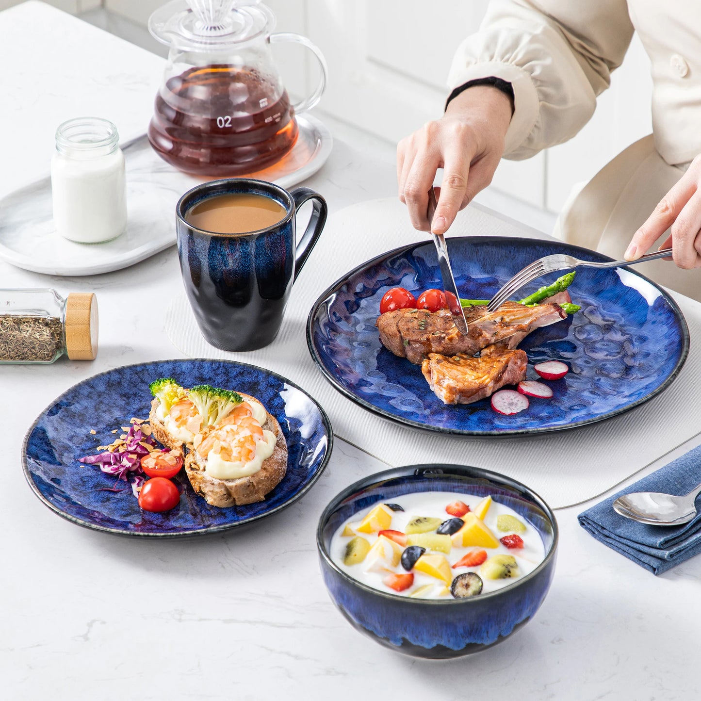 vancasso 16/32/48-Piece Starry Blue Dinner Set,Kiln Change Glaze Tableware Dinner Set with Dinner Plate,Dessert Plate,Bowl,Mug