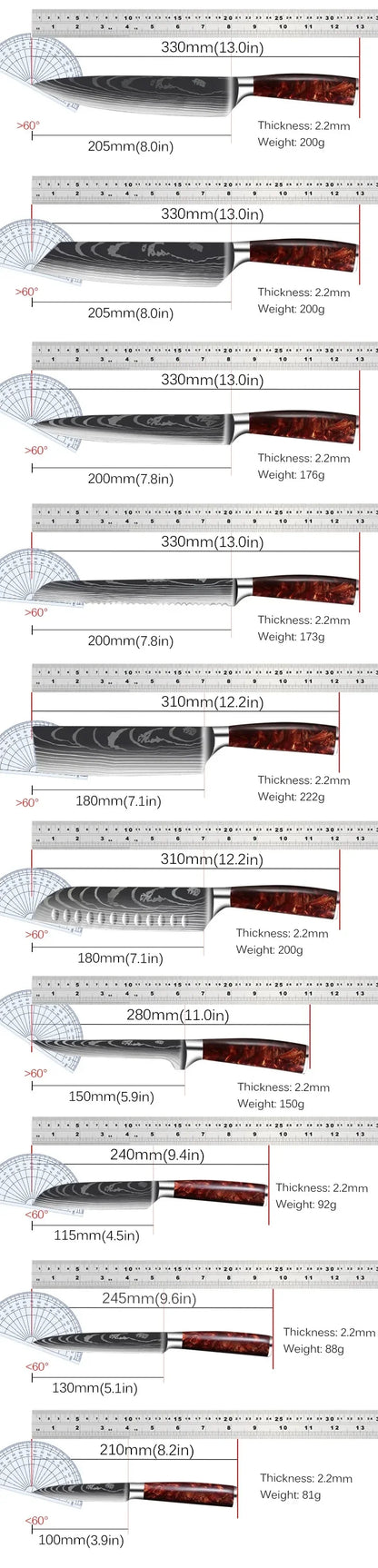 Japanese Santoku Knife 10pcs Damascus Pattern Knives Set Chef's Knife Boning Knife Meat Cleaver Vegetable Slicing Knives