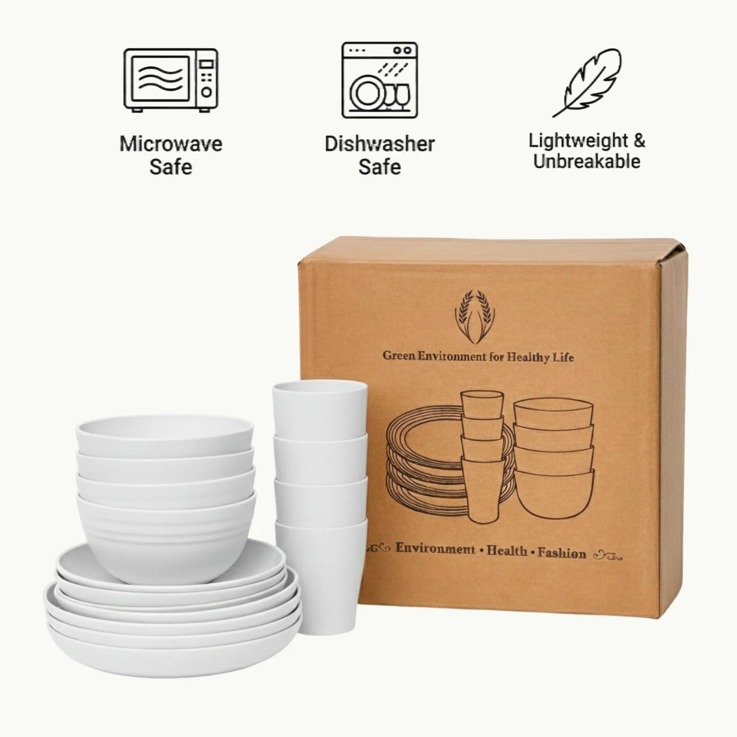16 PCS Wheat Straw Dinnerware Set, Unbreakable Plates Bowls Cups for 4, Lightweight Microwave & Dishwasher Safe Tableware