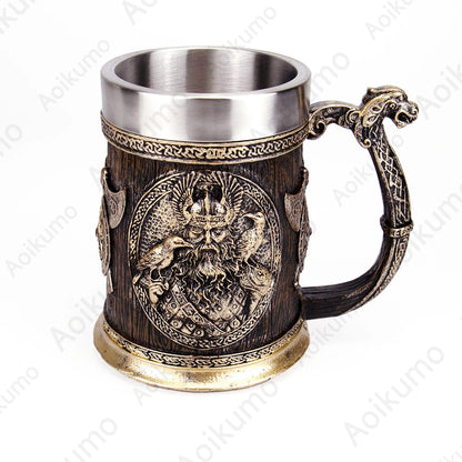 Norse Mythology Odin Thor Mug Tankard 304 Stainless Steel Resin 3D Retro Beer Stein Birthday God of War Lover Gift 600ml 20 oz