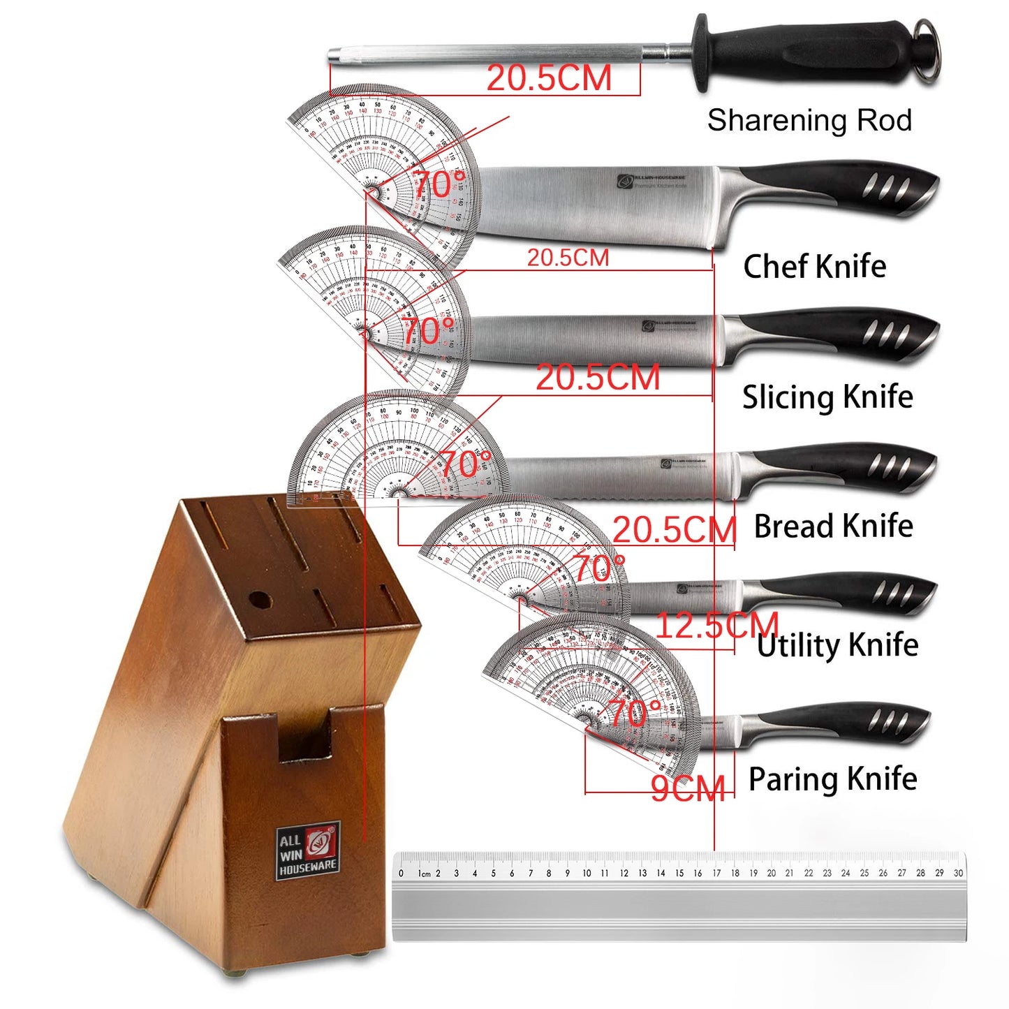 Premium 8-piece German 1.4116 Stainless Steel Kitchen Knives Sets Double Forged Full Tang Chef Knife Set With Rubber Wood Block