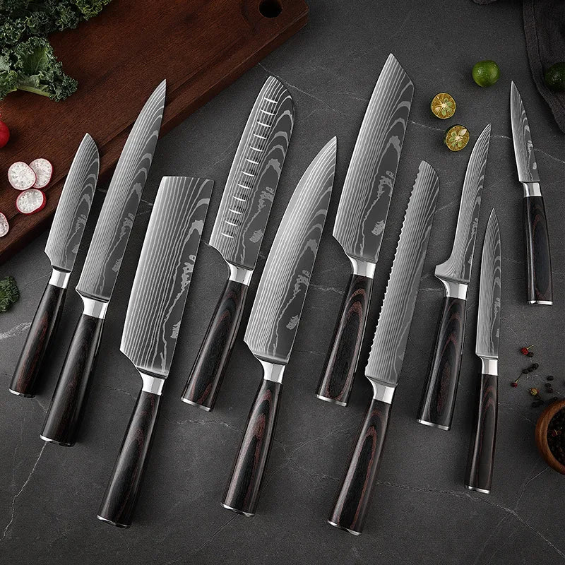 Damascus Pattern Knives Set Stainless Steel Chef Knife Japanese Santoku Knife Boning Knife Meat Cleaver Household Bread Knives