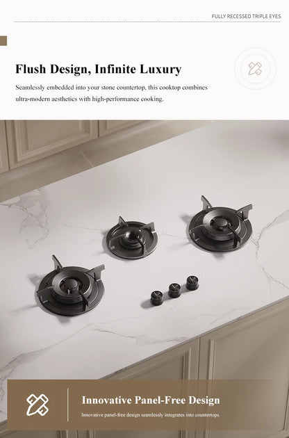 Premium Built-in Gas Cooktop 3-Burner 5.2KW Copper Flame Failure Protection Panel-Ready for Custom Kitchen