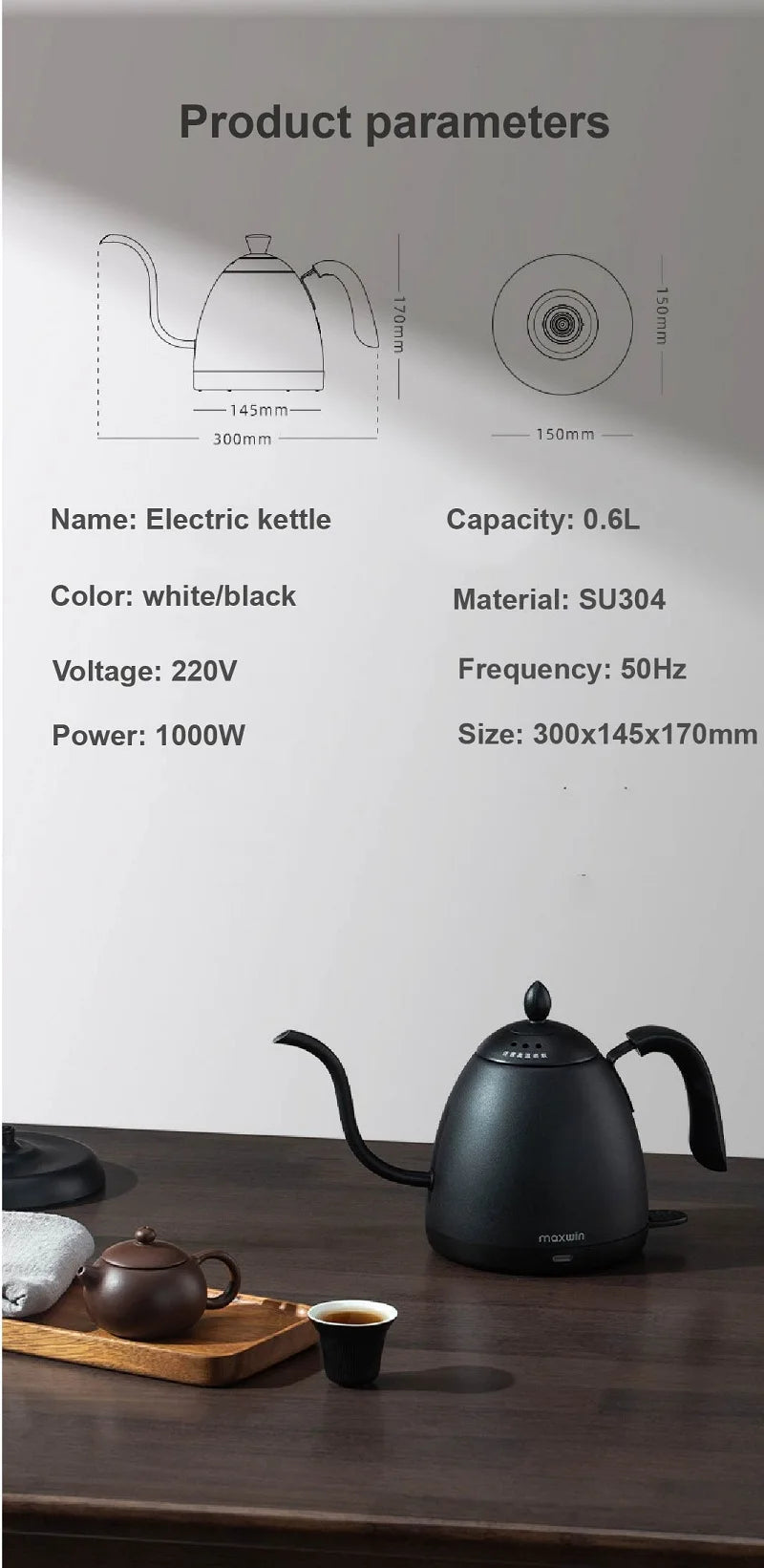220V Electric Kettle Mini Gooseneck Kettle Pour-over Coffee Kettle 304 Stainless Steel Kettle Teapot Automatic Power Off 600ml