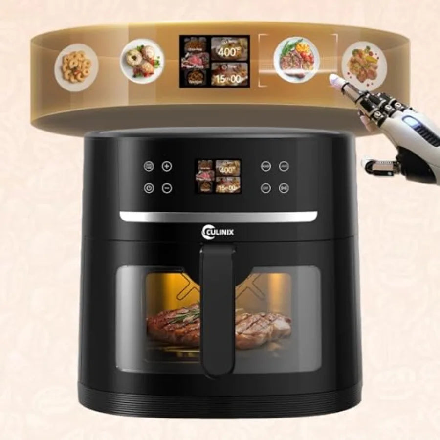 XXL Family Size 8.5QT Air Fryer with AI Camera, Stainless Steel Black, Auto-Recipe Selection Time Adjustment for Steak, Wings,