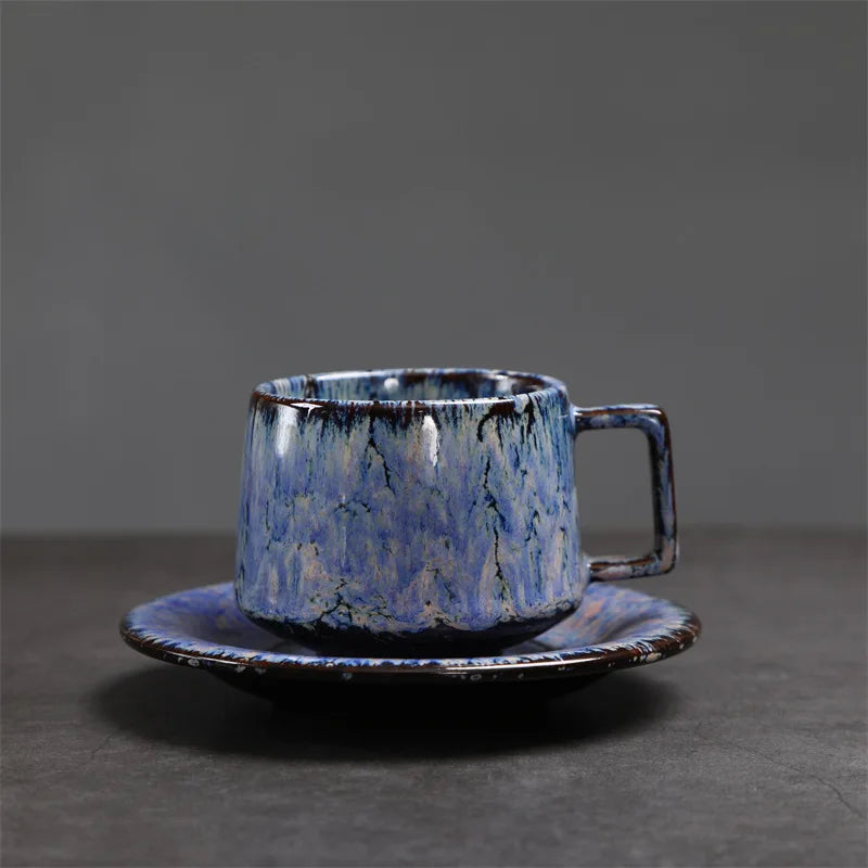 Traditional Arabic Coffee Cup and Dish Set Middle Eastern Style Kiln Transformed Coarse Ceramic Retro Handmade Mug