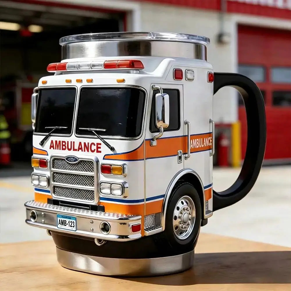 Fire Rescue Coffee Mug, Retro 3D Fire Truck Coffee Mug, Personalized Stainless Steel Wall Insulation Mug New Year Gifts for Mens
