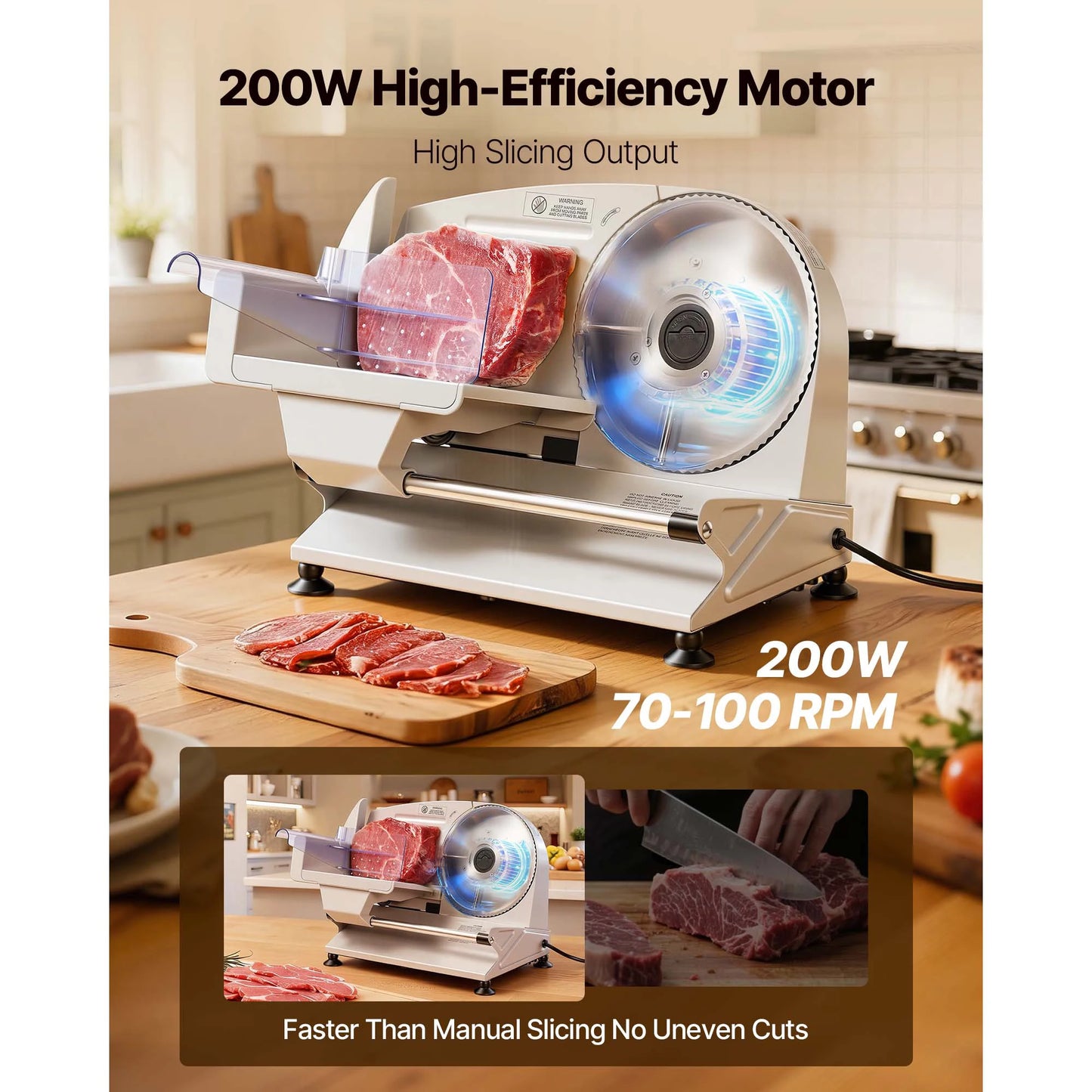 SucceBuy 200W Meat Slicer 7.5" Electric Deli Slicer with 2 SUS420 Blades & 0-0.6" Adjustable Thickness for Frozen Meat Ham Steak