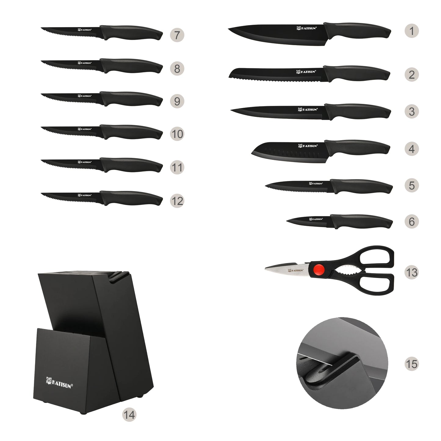 Katisun 15 Pieces Kitchen Knife Set with Block Cutting Board Sharpener German Steel Anti-Slip Handle 6 Steak Knives Black