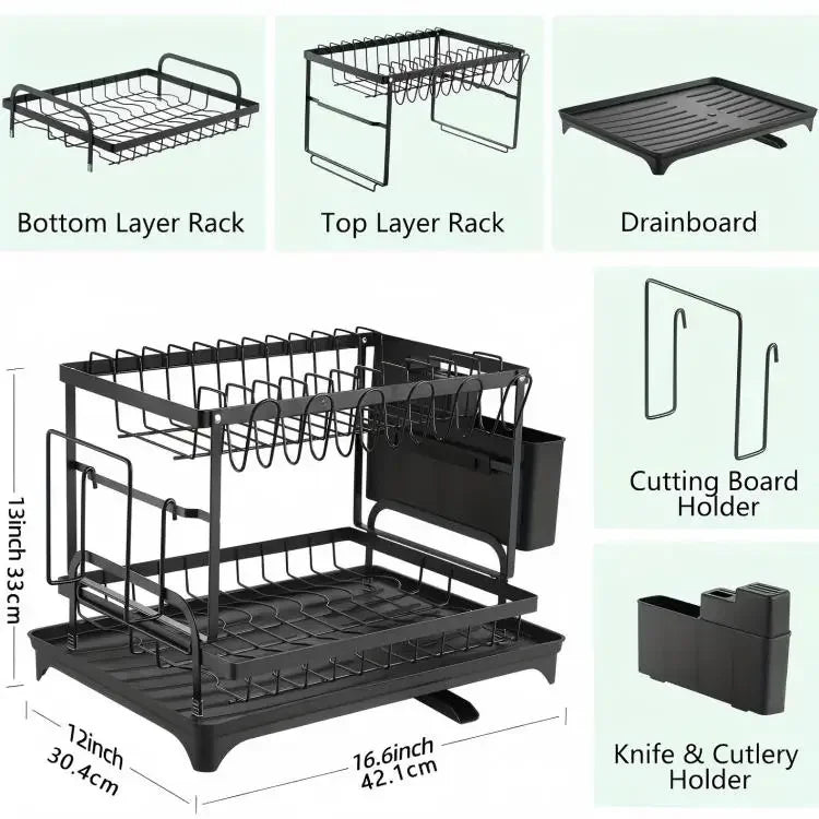 2 Tier Dish Drying Rack Kitchen Bowl Drainer Storage Rack Tableware Drain Chopsticks Knife Fork Water Cup Storage Holder 2 Tier