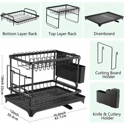 2 Tier Dish Drying Rack Kitchen Bowl Drainer Storage Rack Tableware Drain Chopsticks Knife Fork Water Cup Storage Holder 2 Tier
