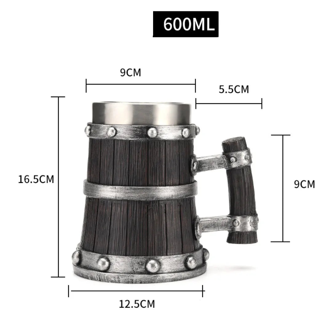 Viking Wood Style Beer Mug 3D Resin Stainless Steel Coffee Cup Wine Glass Metal Double Wall Mug Beer Jug Cup Thermal