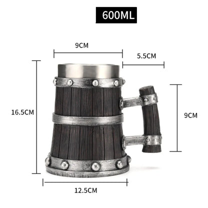 Viking Wood Style Beer Mug 3D Resin Stainless Steel Coffee Cup Wine Glass Metal Double Wall Mug Beer Jug Cup Thermal