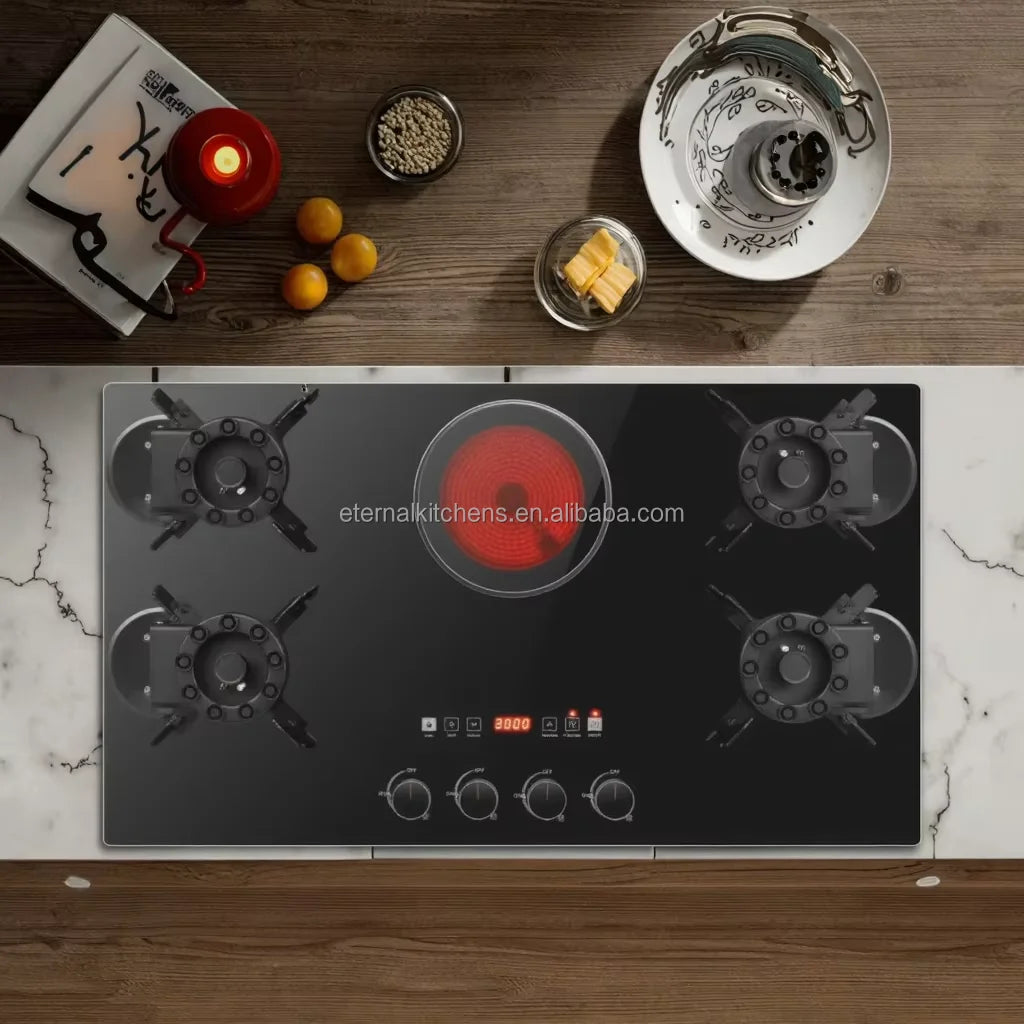 4 Gas 1 Electric Ceramic Hob, Multi-Functional Glass Cooktop, Reversible Burners, Gas Stove for Outdoor RV and Indoor Use