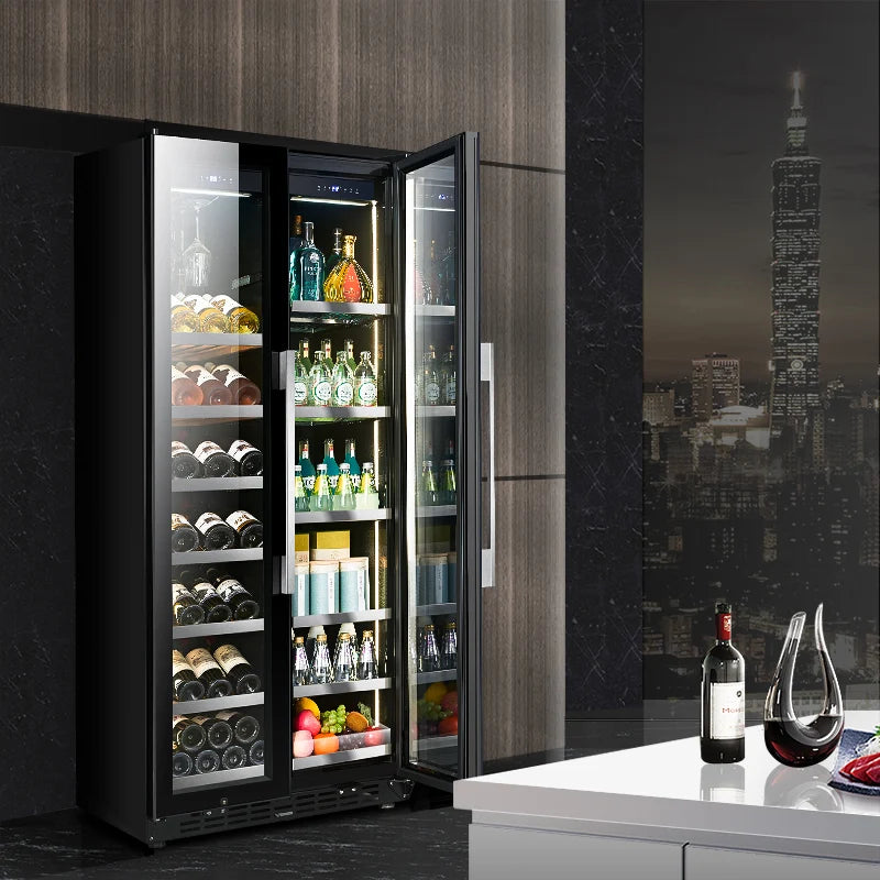 Home Kitchen Wine and Beverage Refrigerator Double Door Cooler Dual Zone Temperature 16 Shelves
