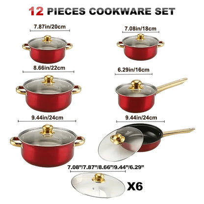 us12pcs Red Pot Set, Stainless Steel, Non-Stick Pan, Kitchen Cookware Set, Non-Stick Cooking Set, A Variety of Pots to Meet All Kitchen Needs, The Most Beautiful And Practical Gift for Mothersd