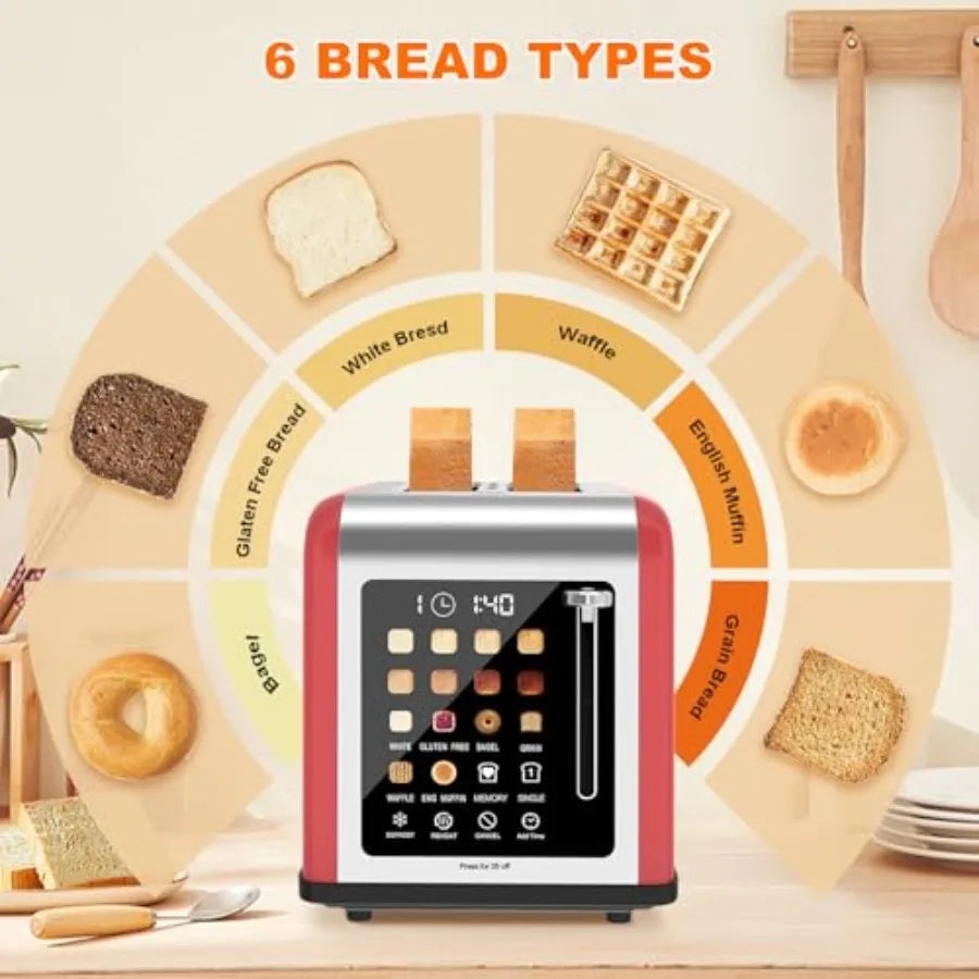2 Slice Toaster with Touch Screen Stainless Steel Red Digital Timer 8 Shade Settings 6 Bread Types for Bagel Cancel Defrost