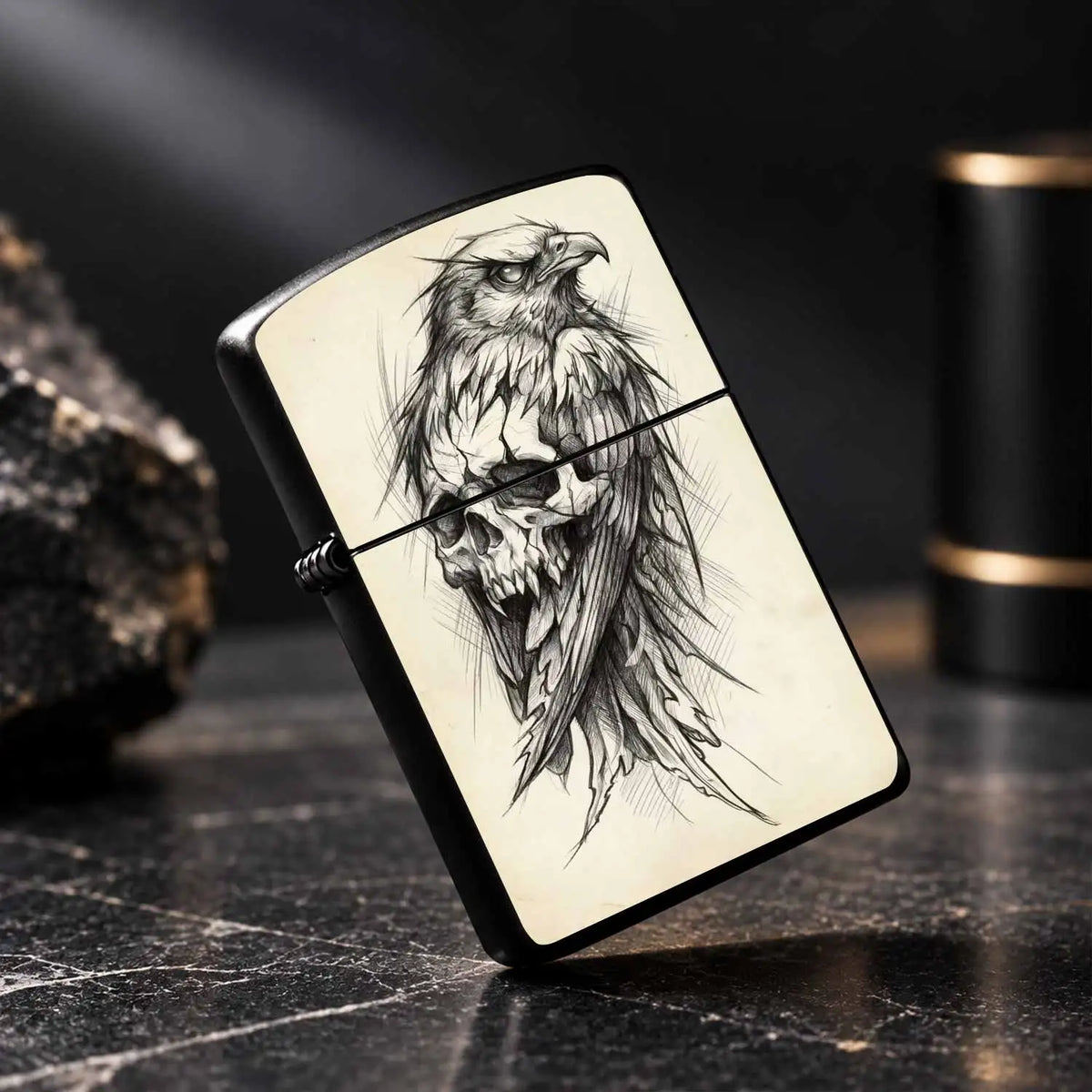 Dark Style Hawk Skull Sketch Portable Lighter, Retro Artistic Decor Carry-On Ignition Tool, Suitable For Daily Travel Outdoor Trips Multiple Scenarios, Trendy Aesthetic Practical Gift Item With Unique Hand-Drawn Texture A Hum