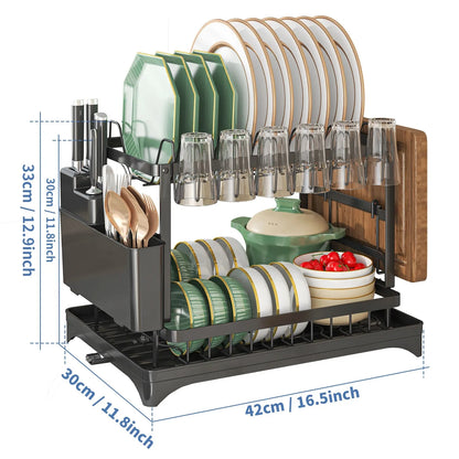 2 Tier Dish Drying Rack Kitchen Bowl Drainer Storage Rack Tableware Drain Chopsticks Knife Fork Water Cup Storage Holder 2 Tier