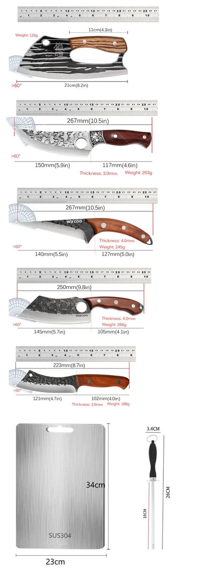 WXCOO Handmade Forged Knife Butcher Cleaver Knife Meat Cutting Japanese Kitchen Pork Bone Shaving Knives Boning Knife