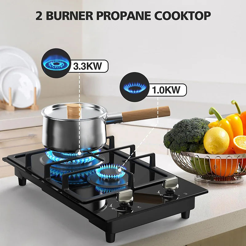 Gas Cooktop 2 Burner Propane Cooktop, 12 Inch Gas Stove Top with Thermocouple Protection, LPG/NG Dual Fuel