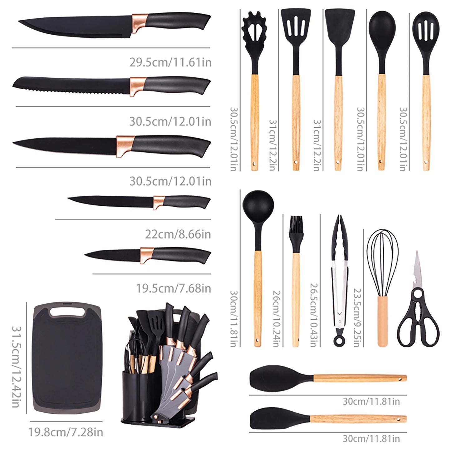 19Pcs Professional Kitchen Knife Set with Silicone Cooking Utensils & CuttingBoard, High Carbon Stainless Steel Chef Knives.
