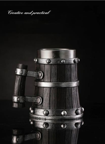 Viking Wood Style Beer Mug 3D Resin Stainless Steel Coffee Cup Wine Glass Metal Double Wall Mug Beer Jug Cup Thermal