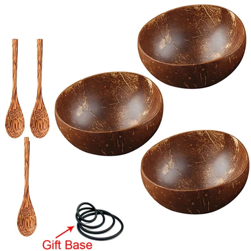 12-15cm  Natural Coconut Bowl set wooden Salad Ramen bowl Coconut Wood Spoon Set coco smoothie Kitchen tableware Coconut bowl