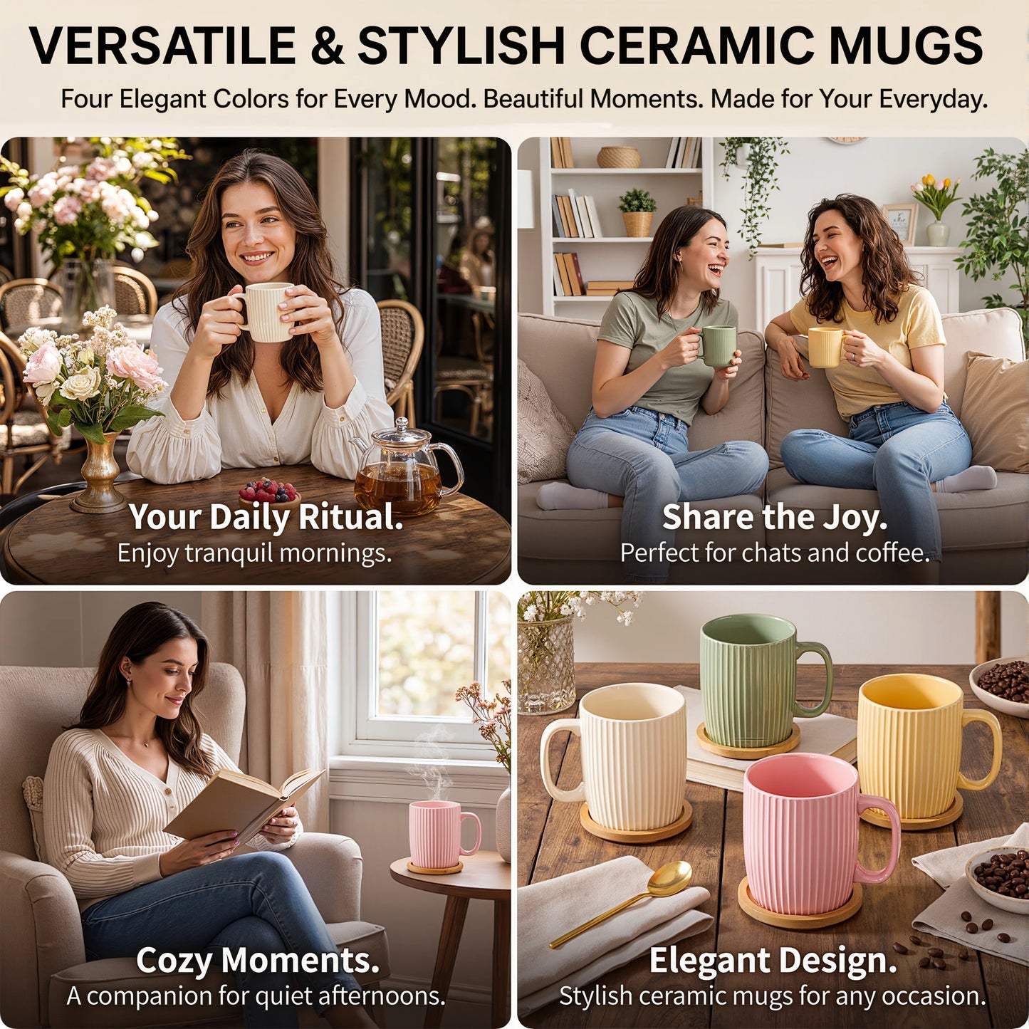 Colorful Ceramic Coffee Mugs Set of 4 – 400ml Stoneware Latte Cups with Handles – Rustic Speckled Design – Microwave & Dishwasher Safe – Perfect for Tea, Hot Chocolate, Farmhouse or Modern