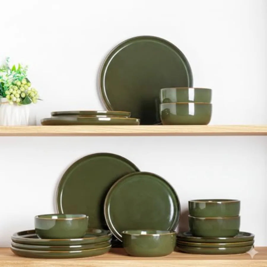 Stoneware Dinnerware Set for 8 Round Reactive Glaze Plates and Bowls Dishwasher and Microwave Safe Highly Scratch Resistant 24-