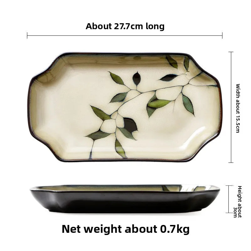Bamboo Leaf Ceramic Tableware Set Japanese Rice Bowl Large Soup Noodle Bowl Retro Underglaze Hand Painted