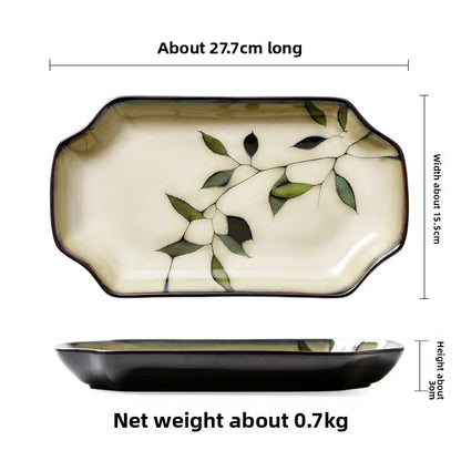 Bamboo Leaf Ceramic Tableware Set Japanese Rice Bowl Large Soup Noodle Bowl Retro Underglaze Hand Painted