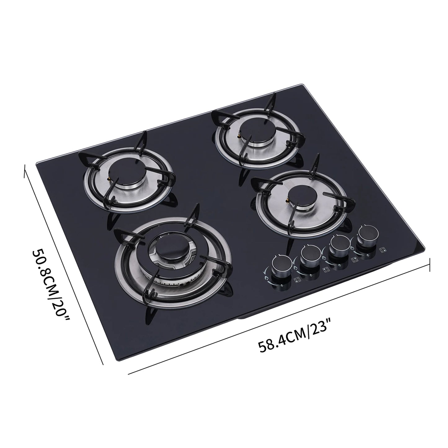 4 Burners LPG Gas Cooktop Black Tempered Glass Panel Cast Iron Stainless Steel Construction Polishing Process Built In Installation US Standard Plug 110V 2800Pa Working Pressure Four Multi Power Burners Household Commercial G